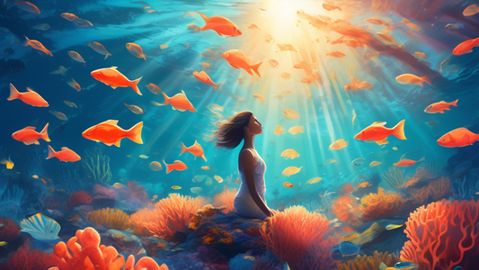 A serene underwater scene with a meditative person floating gracefully amongst vibrant coral reefs and a school of peaceful fish, all illuminated by beams of sunlight piercing through the ocean's surface.