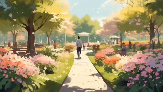 A serene, sunlit garden park filled with blooming flowers, walking paths, and benches, with people leisurely strolling and enjoying the peaceful ambiance.