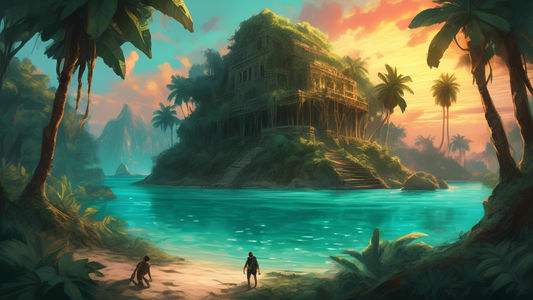 A hidden gem location, surrounded by uncharted turquoise waters with a lush, mysterious jungle background, under a radiant sunset sky, where a small group of adventurers are discovering an ancient, forgotten path.