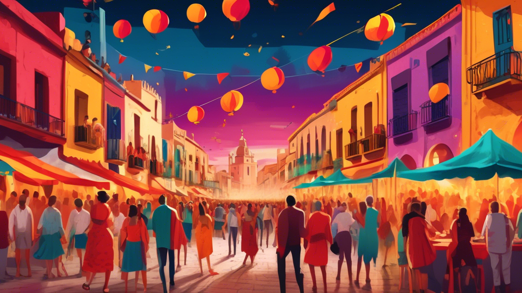 Create an artistic image showcasing a vibrant street in Alcorcón, Spain, bustling with people enjoying a traditional festival, and in the background, a historical landmark that is a must-visit in 2024.