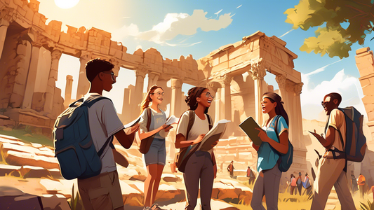 A group of diverse students with backpacks and notebooks excitedly exploring the ruins of an ancient World Heritage Site, taking notes and photos under a bright sunny sky, with a knowledgeable guide pointing out significant historical features.