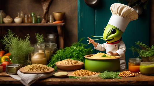 A whimsical kitchen scene showing a grasshopper-themed chef wearing a tiny chef's hat, preparing hummus inside a hollowed-out hopper, surrounded by vibrant ingredients like chickpeas, tahini, garlic, and fresh herbs, with a rustic background.