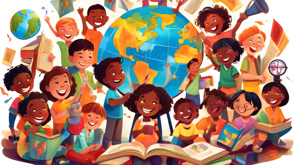 A diverse group of smiling children excitedly gathered around a globe, with books, art supplies, and a telescope scattered around them.