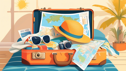 Colorful illustration of a suitcase open on a bed, filled with summer vacation essentials: sunglasses, camera, passport, sunscreen, beach towel, and a map, with airplane tickets and a straw hat lying next to it, in a bright and airy bedroom setting.