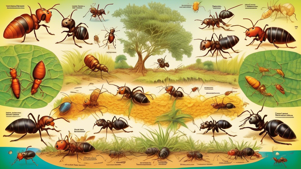 An intricate illustration depicting the complete lifecycle of ants in a vivid, educational poster style, showcasing stages from egg to larva, pupa, and adult, set within a vibrant, natural habitat.