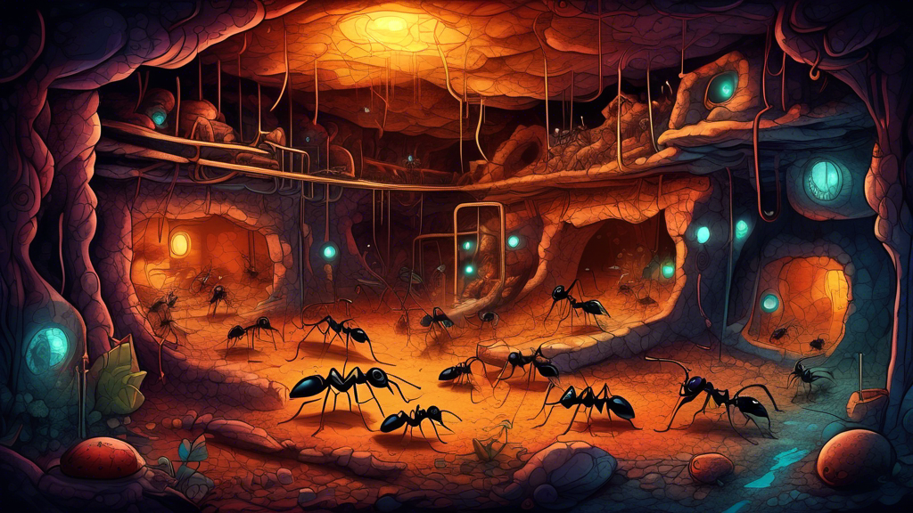 An illustrative depiction of an ant society underground with various chambers revealing their complex social structure and mysterious activities, brightly illuminated to uncover their secrets, in a vibrant, detailed digital painting style.