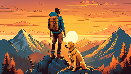 Digital illustration of a backpacker standing atop a mountain at sunset, surrounded by a tent, hiking boots, a compass, and a map, with a golden retriever waiting patiently beside them, showcasing the essential outdoor gear for adventure enthusiasts.