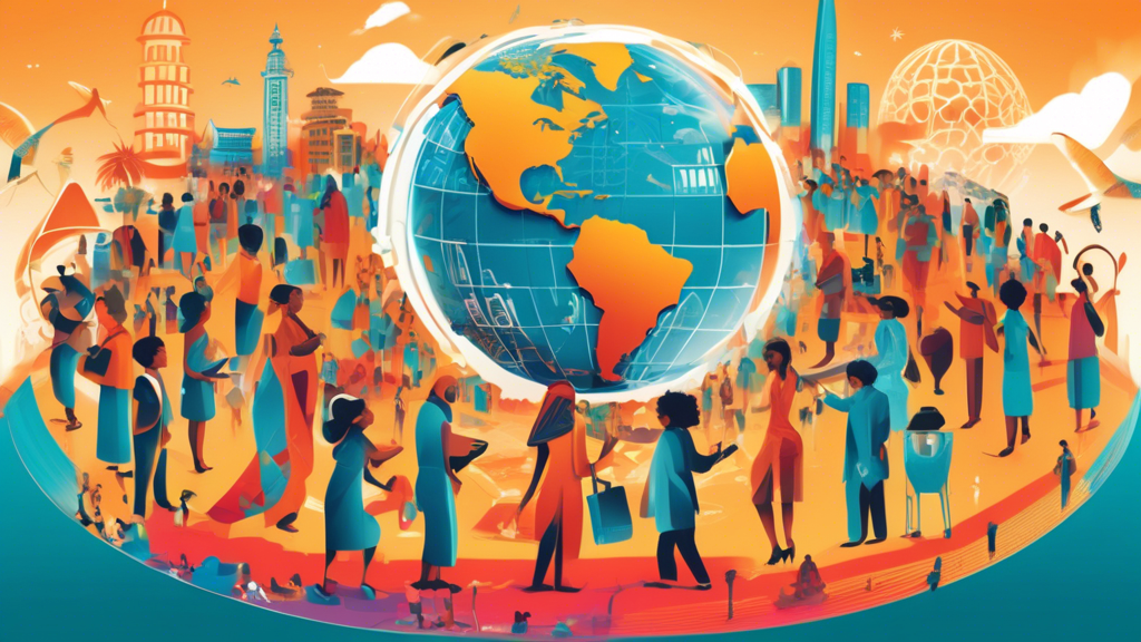 Detailed illustration of individuals from various cultures coming together to shape a vibrant, futuristic globe, under the guidance of diverse tourism board representatives, with iconic landmarks and digital innovation symbols merging in the background.