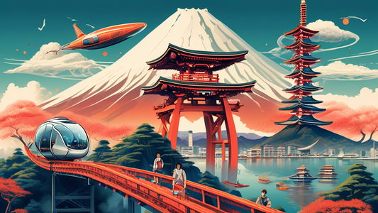 Detailed illustration of a futuristic and eco-friendly personal transportation pod gliding past iconic Japanese landmarks such as Mount Fuji, the Tokyo Tower, and traditional Torii gates, filled with excited travelers exploring the country independently.