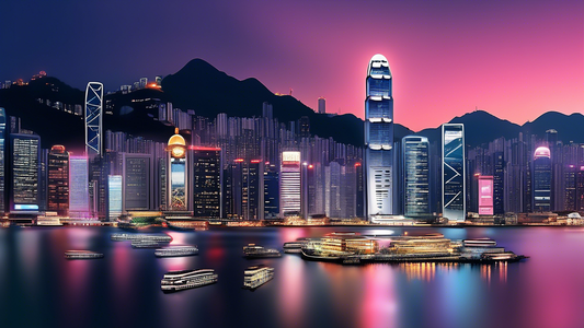 A panoramic skyline view of Hong Kong with a variety of futuristic hotels illuminated during the twilight hour, reflecting in the Victoria Harbour.