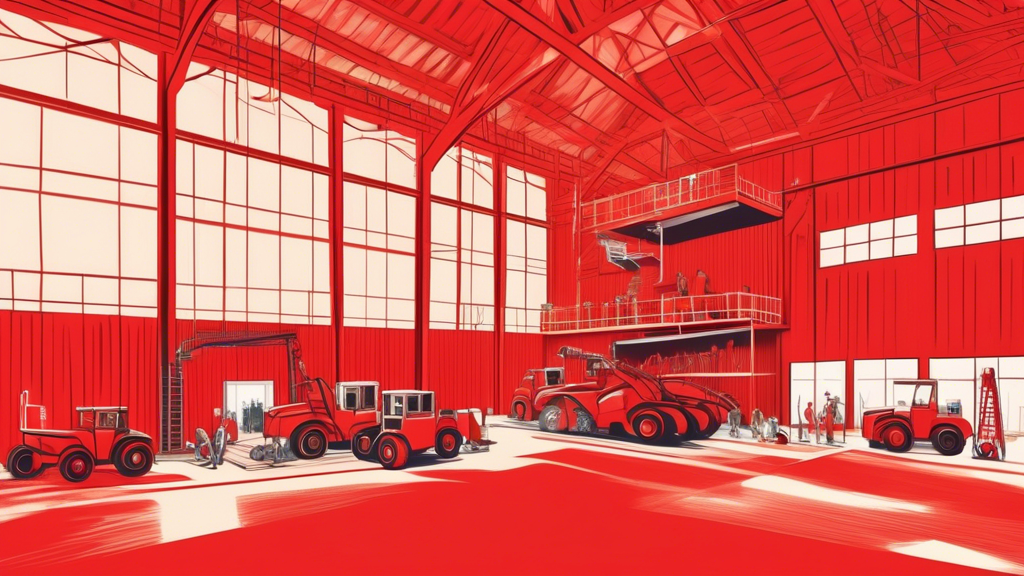 An illustration of a grand, traditional barn painted vivid red, undergoing an innovative transformation into a luxurious, modern living space, with workers and machinery actively involved in the remodeling process.