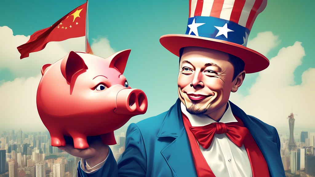 Elon Musk dressed as Uncle Sam holding a giant piggy bank with a Chinese flag on it, looking mischievous