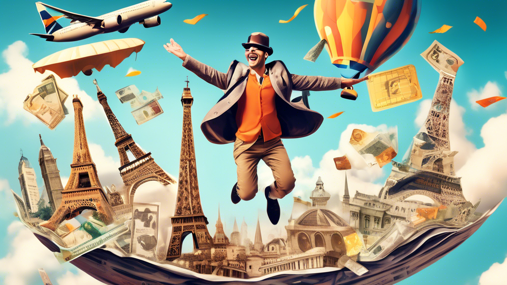 An excited traveler floating on a magic ticket through a sky filled with various iconic world landmarks and currency symbols, depicting the concept of unbeatable travel deals with My Flight Fares.