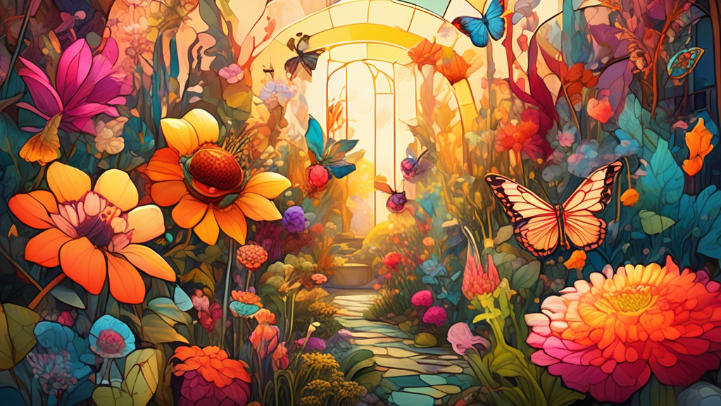 A whimsical garden overflowing with giant, colorful flowers, glowing plants, and curious creatures, bathed in warm sunlight.