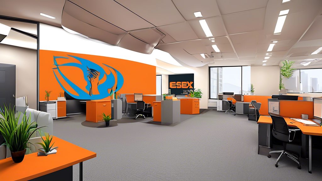 Create a vibrant and detailed image of a bustling modern office space with the logo 'Essex Ent. LLC' prominently displayed on the wall, illustrating a dynamic and creative work environment.