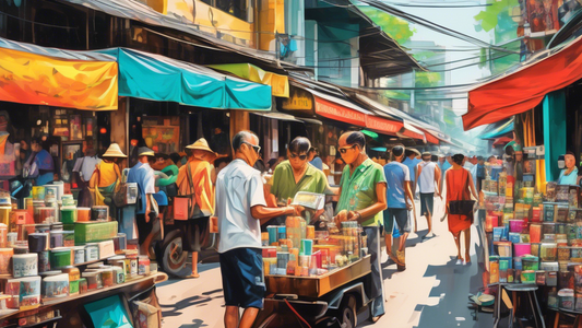 A bustling Bangkok street scene filled with vendors selling colorful souvenirs and local artwork, with a vintage camera and coffee cup superimposed on the image.