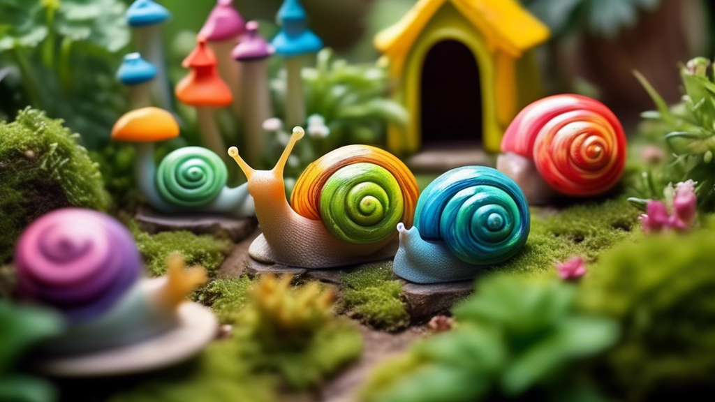 A whimsical, colorful snail sanctuary nestled in a lush garden with miniature houses and tiny furniture