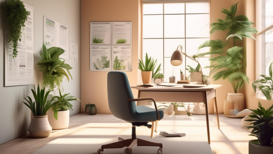 A serene office space with a minimalist design, featuring a calm individual meditating at a tidy desk surrounded by plants, with soft daylight filtering through a large window, and a wall-mounted boar