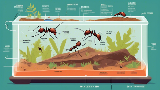 An illustrated step-by-step guide showing a beginner setting up an ant farm habitat with various tools and an array of ant species, in a stylized, colorful, and educational infographic format.