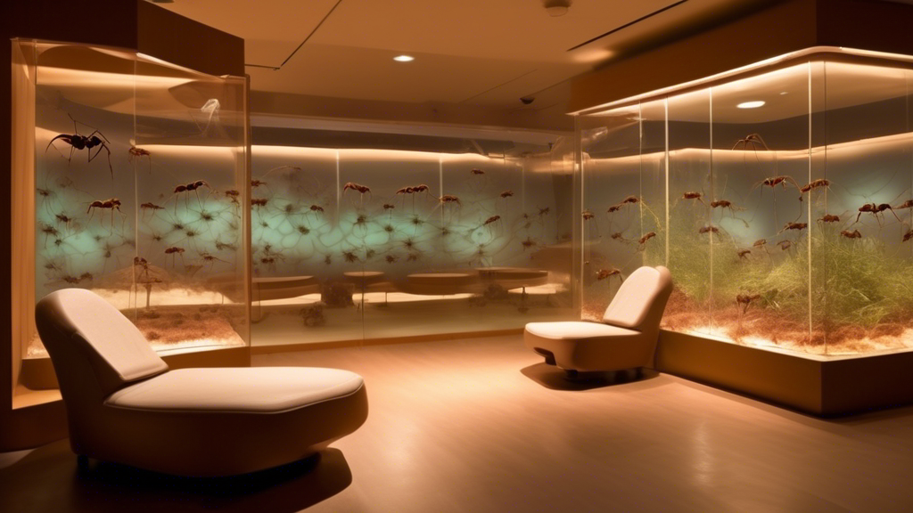 A serene therapy room with warm lighting and comfortable chairs, where a large, intricately designed ant farm is placed in a prominent position, allowing viewers to observe the bustling ant community within.