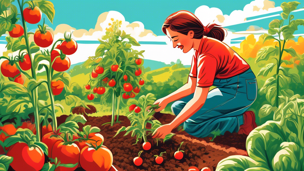 A vivid, detailed illustration of a person joyfully planting tomato plants in a thriving garden under a bright, sunny sky, with a variety of vibrant vegetables and flowers in the background.