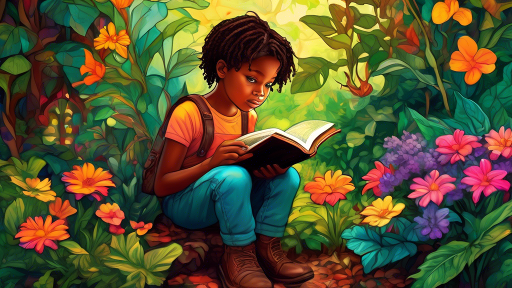 A child with bright, curious eyes, sitting amidst lush foliage and colorful flowers, reading a worn leather-bound book titled My Garden by Jamaica Kincaid.