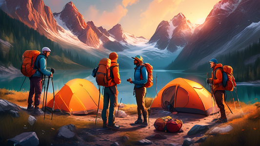 An ultra-realistic and vibrant digital painting showcasing a group of happy and diverse friends equipped with the latest and most innovative outdoor gear, preparing to embark on a breathtaking mountainous adventure at sunrise.