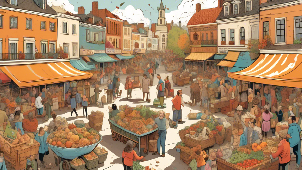An overflowing cornucopia in the center of a bustling town square, brimming with a variety of items labeled 'FREE', surrounded by diverse people joyfully selecting their finds.