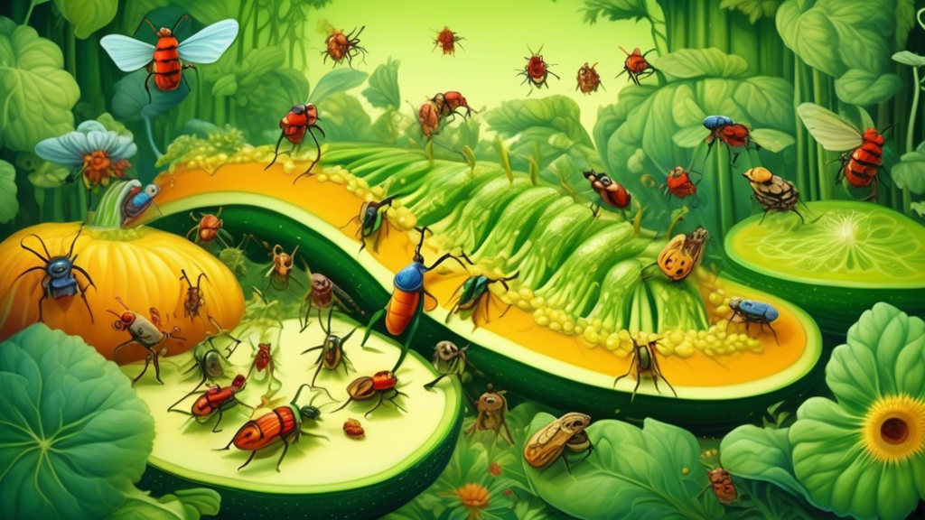 A vibrant, whimsical illustration of tiny, cartoon-like zorapteran insects having a feast on slices of bright green zucchini in a miniature, enchanting forest setting.