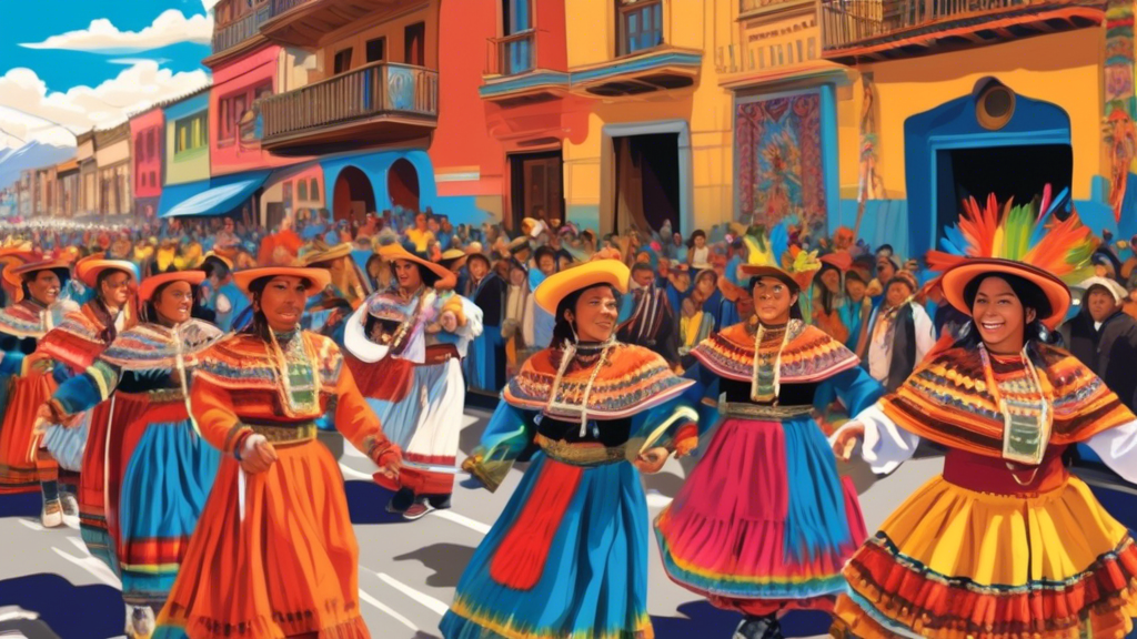 Vibrant street parade at the Fiesta del Gran Poder in La Paz, Bolivia, showcasing traditional Andean costumes, musicians, and dancers under a clear blue sky