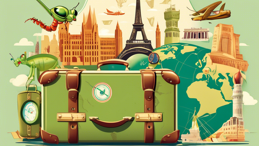 A vintage suitcase overflowing with travel essentials like maps, passports, and a compass, set against a backdrop of iconic landmarks from around the world.