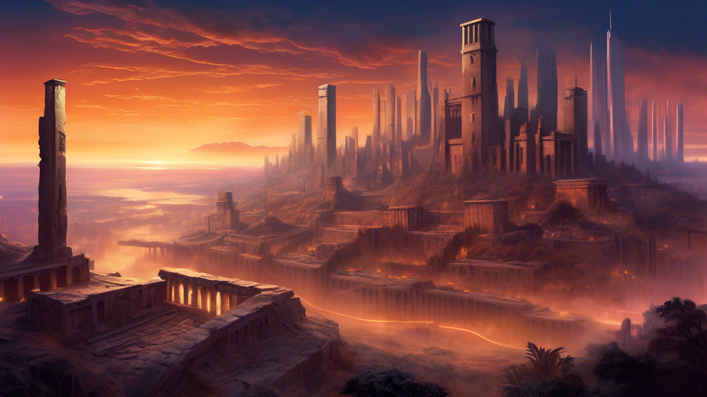 Dream-like landscape with ancient ruins and futuristic city skylines merging under a twilight sky, symbolizing the boundary between history and the future.