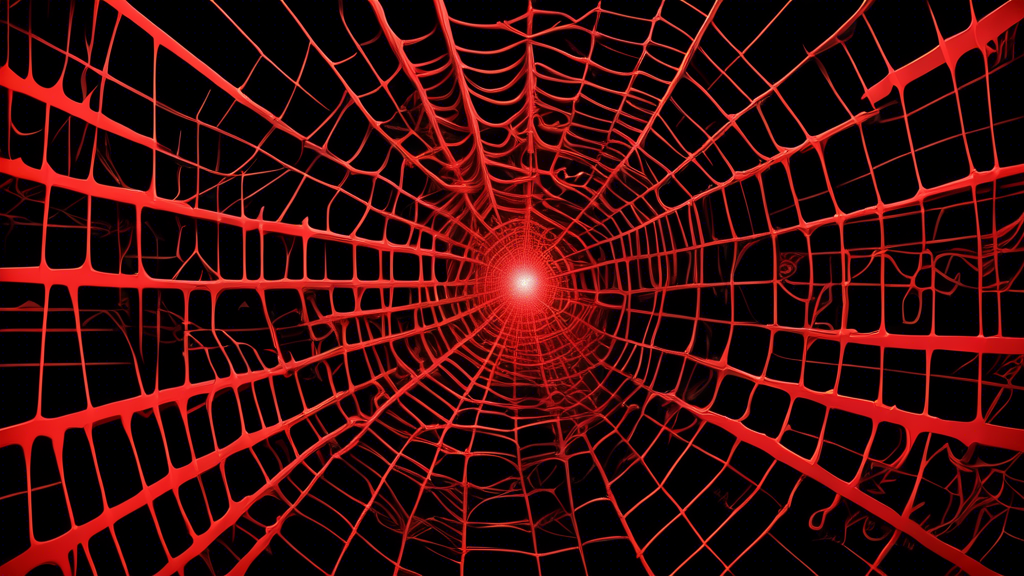 An intricate digital spider web connecting various website domains, highlighting their common source through glowing red lines. Each domain displays red warning symbols and phishing icons, while a sha