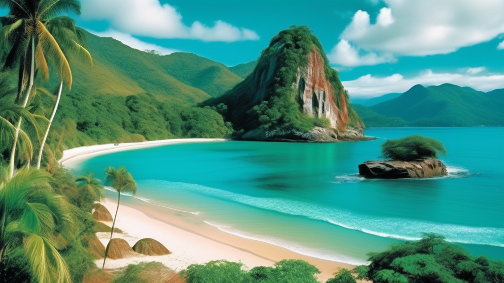 A secluded tropical beach paradise called Toque Toque Grande with lush green mountains meeting crystal clear turquoise water, Sao Paulo, Brazil, vibrant, sunny