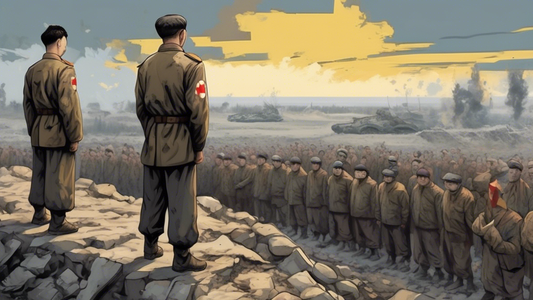 A powerful, poignant illustration of North Korean volunteers standing in solidarity with Ukrainian citizens amidst the backdrop of a war-torn Ukrainian landscape.