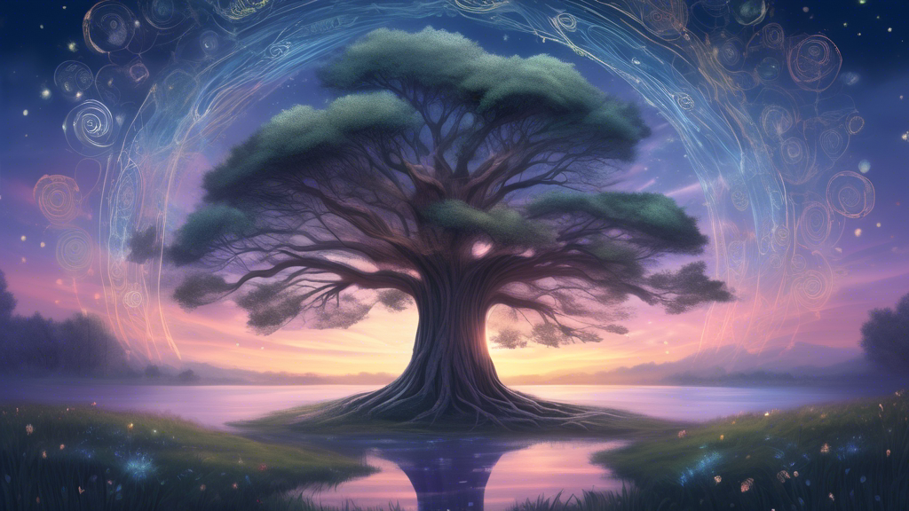 A serene landscape with a wise old tree in the center, surrounded by glowing, ethereal floating quotes about joy and resilience, under a twilight sky.
