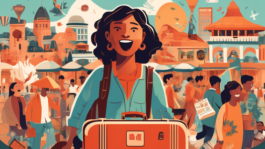 Create an illustration showing a person arriving in a new country, surrounded by iconic landmarks from different cultures, holding a suitcase with a mix of excitement and apprehension on their face. I