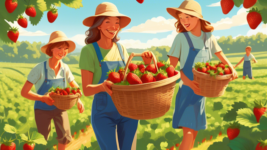 A joyful family of diverse ages engaged in strawberry picking in a sunlit, lush green field, with baskets full of ripe strawberries, under a clear blue sky.