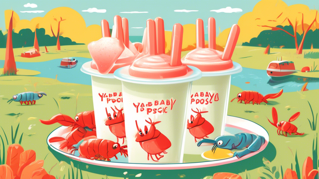 Colorful illustration of someone holding a tray of delicious yabby-flavored yogurt popsicles, with cute cartoon yabbies on the label, in a sunny, picnic setting.