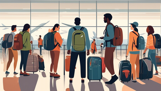 An illustration of a diverse group of travelers analyzing the durability and functionality features of various backpacks in an airport setting, with detailed comparison charts floating beside them.