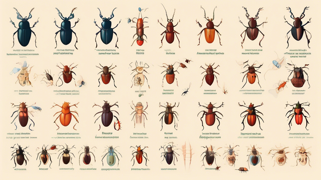 An educational illustration showing different types of beetles alongside a chart of symptoms caused by their bites, with small icons representing treatments, all in a clear, easy-to-understand infographic style.