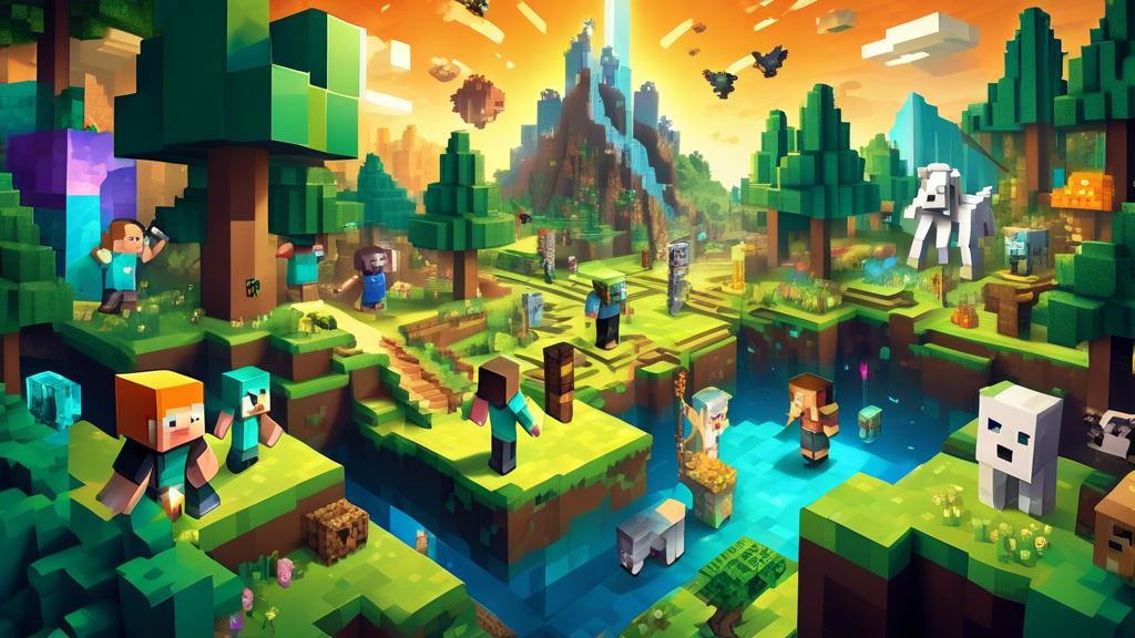 A child wearing a T-shirt featuring the Minecraft Adventure Mode, surrounded by pixelated trees, animals, and treasures, with a shining diamond sword in hand, exploring a vividly detailed Minecraft world.