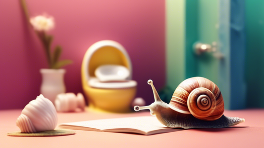 A snail made of a seashell sitting on a miniature toilet with a bathroom in the background.