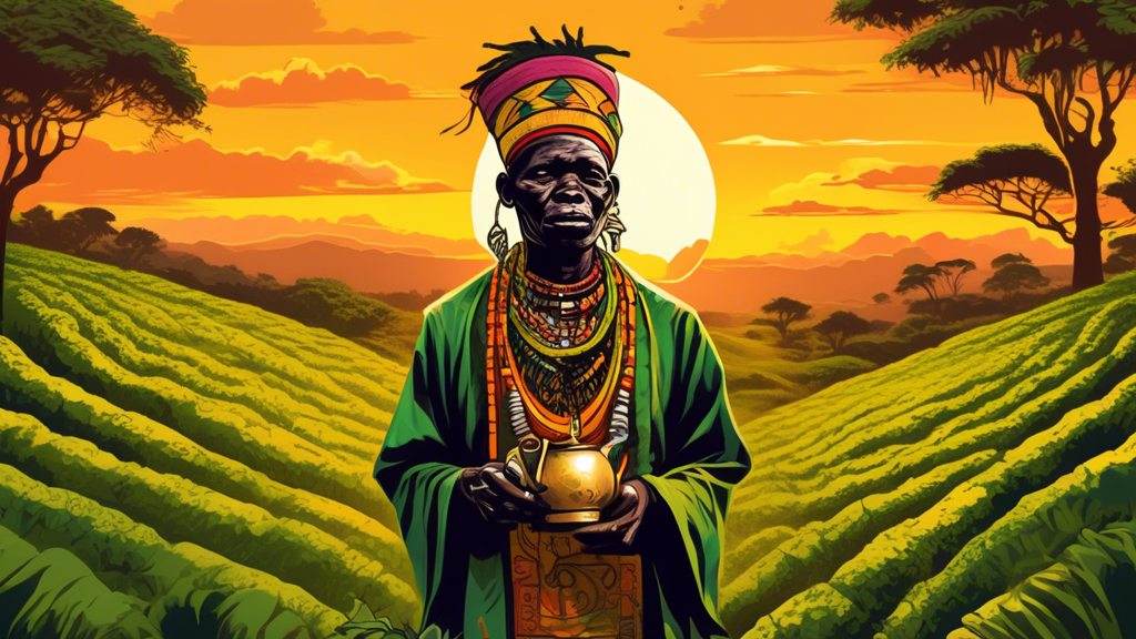 A serene and mystical witch doctor from Kericho County, Kenya, adorned in vibrant traditional attire, standing amidst the lush Kericho tea plantations under a golden sunset.