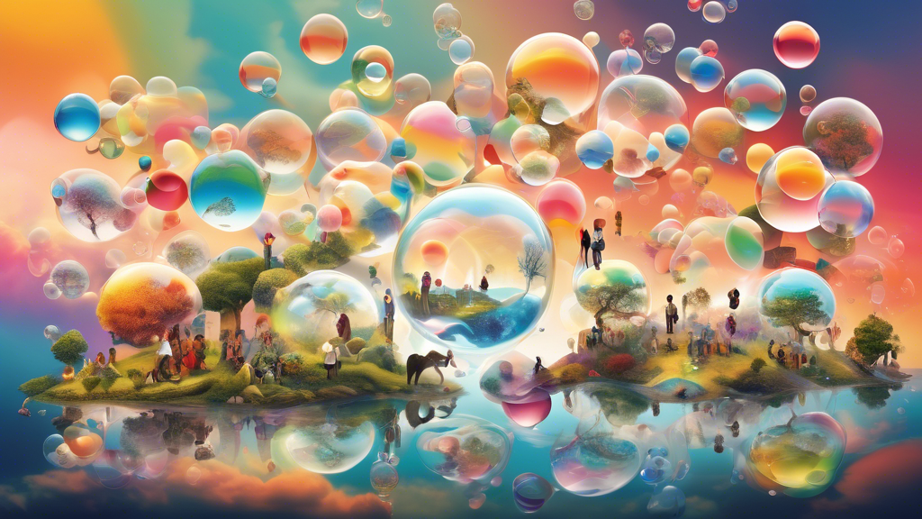 An artistic representation of multiple colorful, transparent bubbles floating in the sky, each containing a different miniature world with diverse landscapes, people, and animals, symbolizing the individual universes we create in our minds.