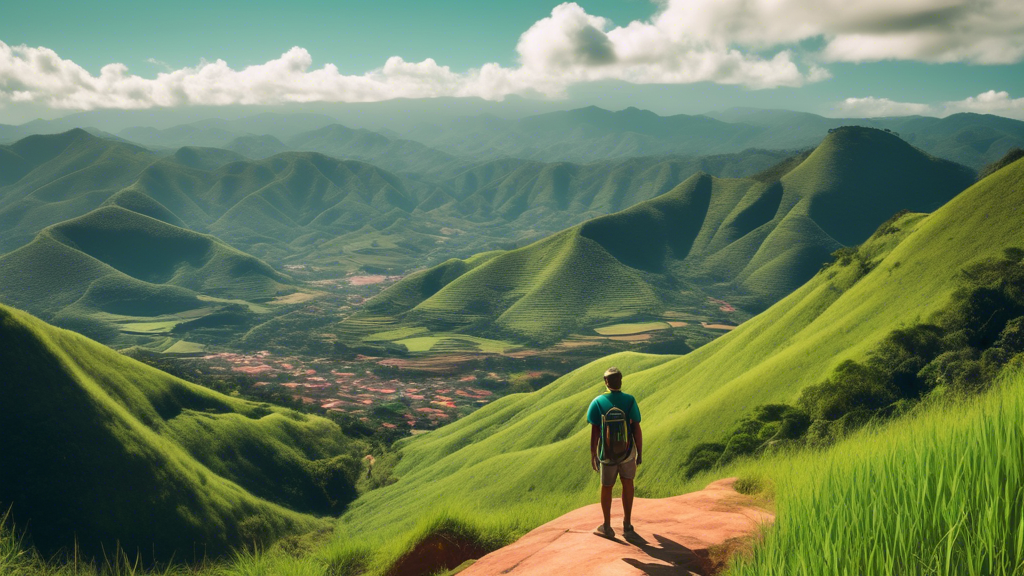 A lone hiker overlooking a breathtaking vista of rolling green hills and towering mountains in Minas Gerais, Brazil.