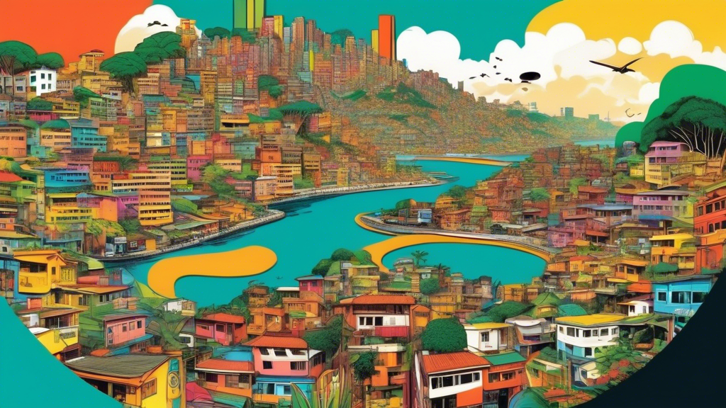 DALL-E prompt:

A surreal landscape split in half: one side depicting modern Brazilian city skyline with vibrant favelas, the other side showcasing lush Amazon rainforest with indigenous artifacts, co