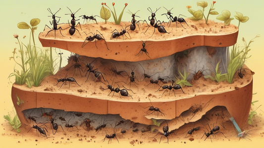 Detailed illustration showing a cross-section of a DIY ant habitat, with happy ants exploring their new home, alongside humans interacting and observing, emphasizing a harmonious relationship between humans and ants.