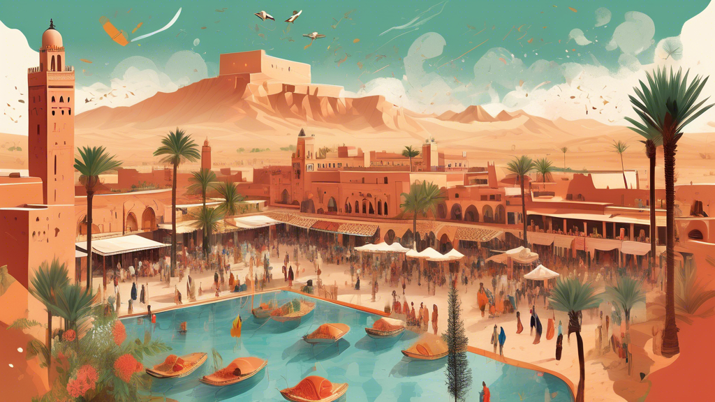 Stunning digital artwork of a six-day travel itinerary map from Marrakech, showcasing iconic cultural landmarks, vibrant souks, and breathtaking landscapes, all encapsulated within a magical, Moroccan aesthetic theme.