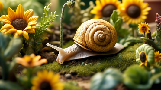 A whimsical snail wearing a straw hat tends to a lush miniature garden beneath a giant sunflower